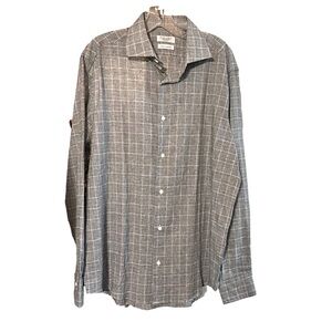 Men’s linen/cotton long sleeve navy white plaid versatile casual dress shirt 42.